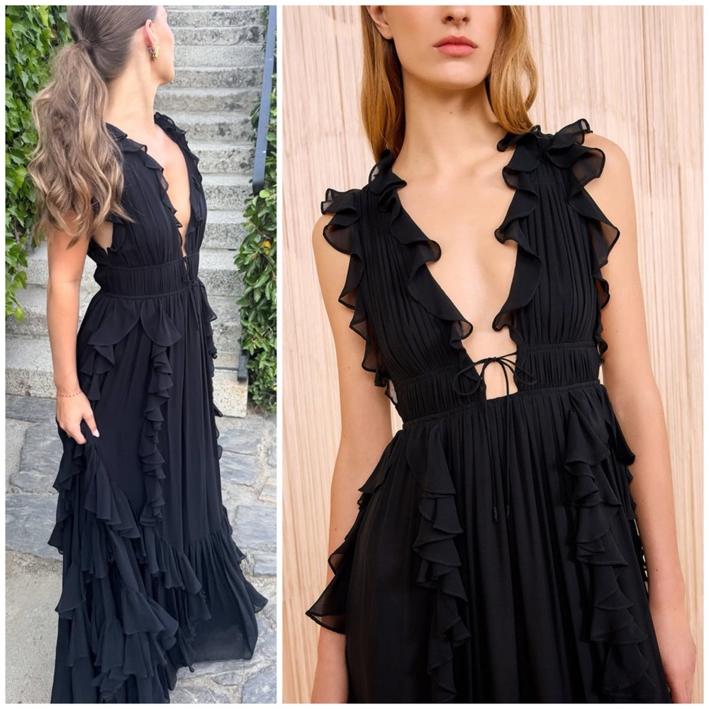 ULLA JOHNSON Florella Gown Noir Black Maxi Silk Gown Dress with Ruffles SZ US 8 - Picture 2 of 12
